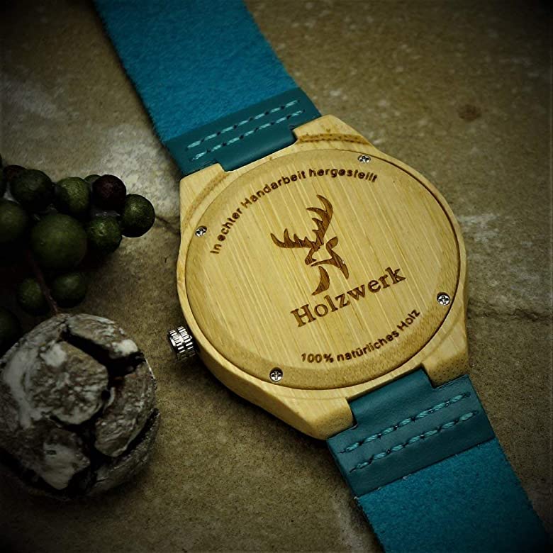 Holzwerk Damen & Herren Designer Holzuhr Holz Leder Uhr Beige Tuerkis - Holzwerk