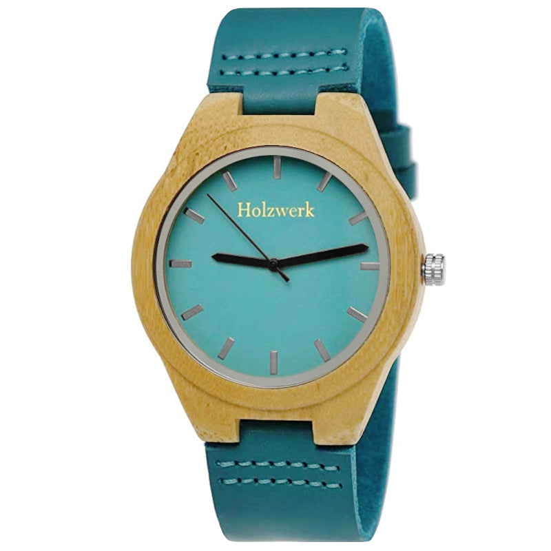 Holzwerk Damen & Herren Designer Holzuhr Holz Leder Uhr Beige Tuerkis - Holzwerk