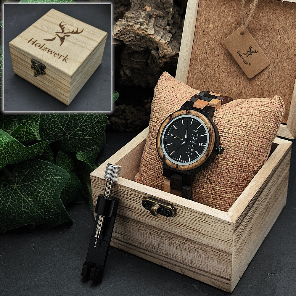 Holzwerk NEUMARK Damen, Herren Holz Armband Uhr mit Datum, moderne Damenuhr, Designer Holzuhr, modische Armbanduhr in schwarz, Walnuss braun, Uhrenbox