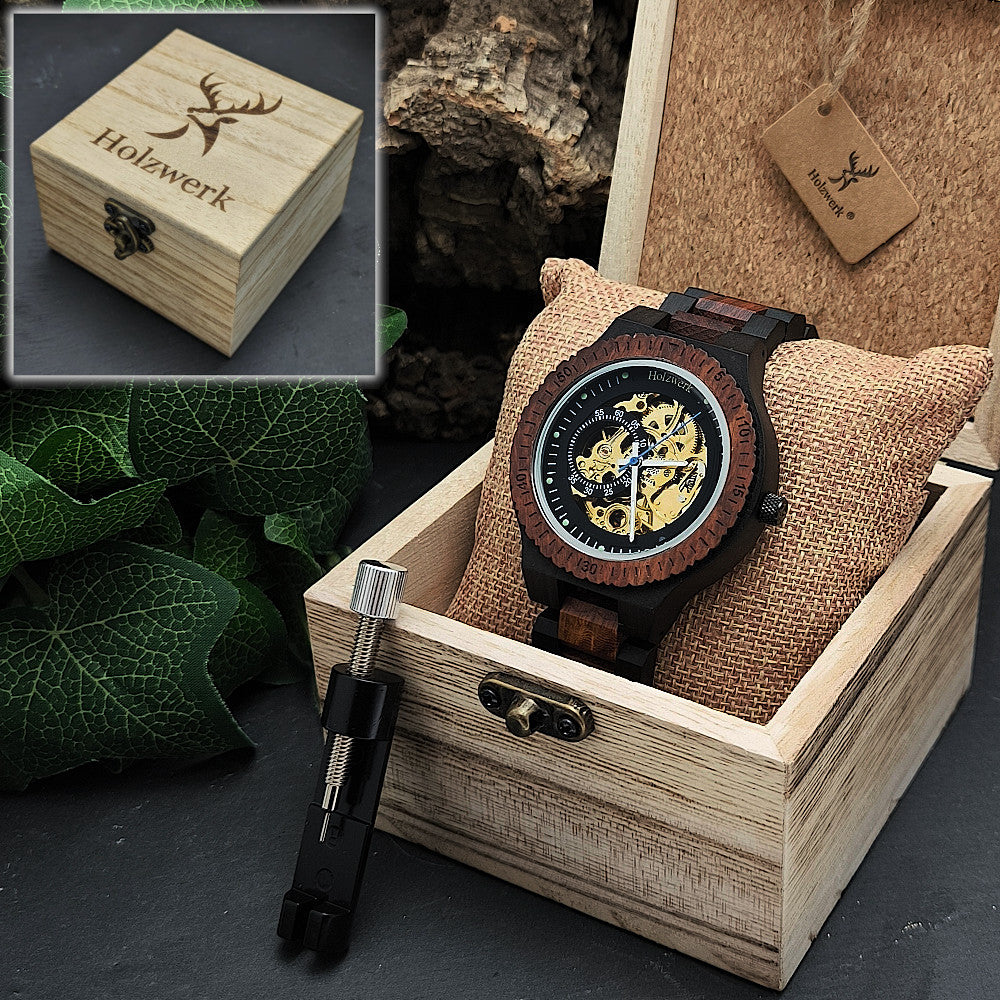 Reloj de hombre Holzwerk reloj de madera automático en negro marrón oscuro oro azul