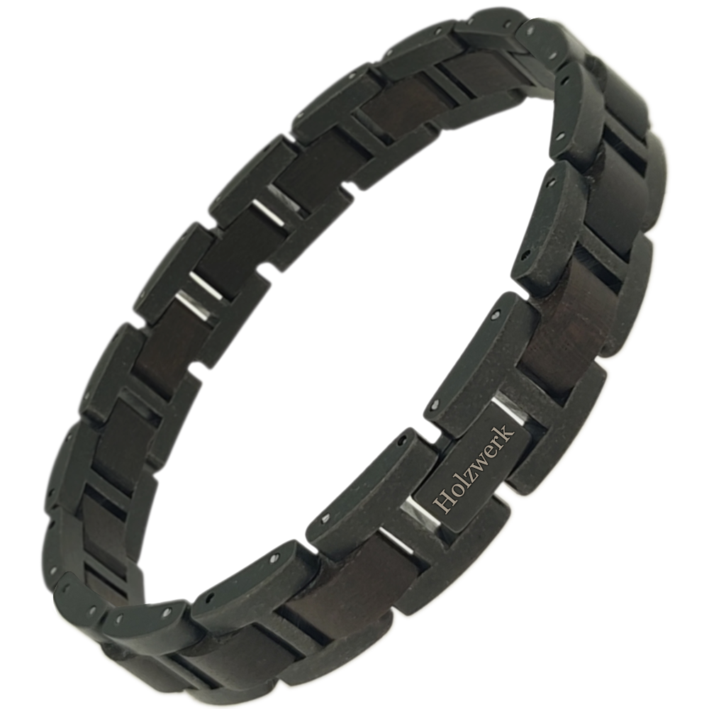 Holzwerk BALZSEE anthrazit-braunes  Holz Armband aus Ebonyholz und Edelstahl mit Gliederkonstruktion Schrägansicht