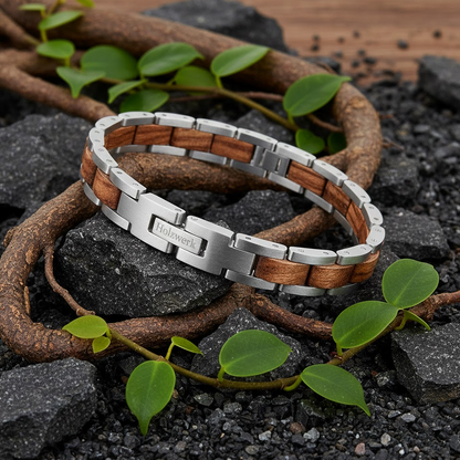 Holzwerk BEVERSEE silber-braunes Holz Armband aus Zebraholz und Edelstahl mit Gliederkonstruktion Frontansicht auf Holz