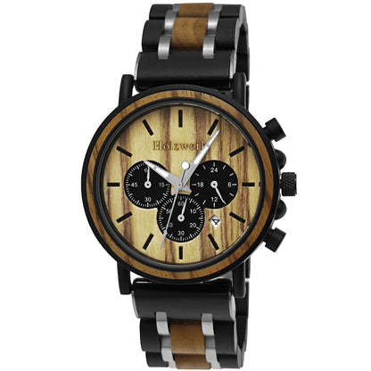 Holzwerk BOCHOLT Holz Uhr Chronograph mit Datum, schwarz, braun, beige, silber Hauptbild