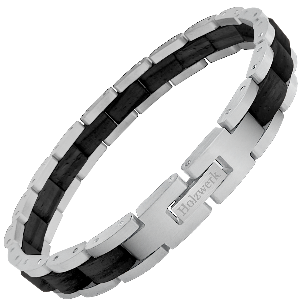 Holzwerk CARPSEE silber-schwarzes  Holz Armband aus Ebony Holz und Edelstahl mit Gliederkonstruktion Frontansicht