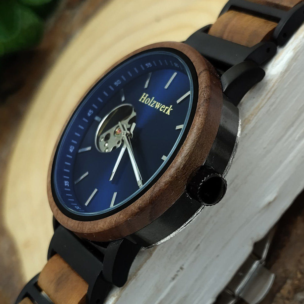 Holzwerk Hombre Mecánico Automático Reloj De Madera Negro Marrón Azul