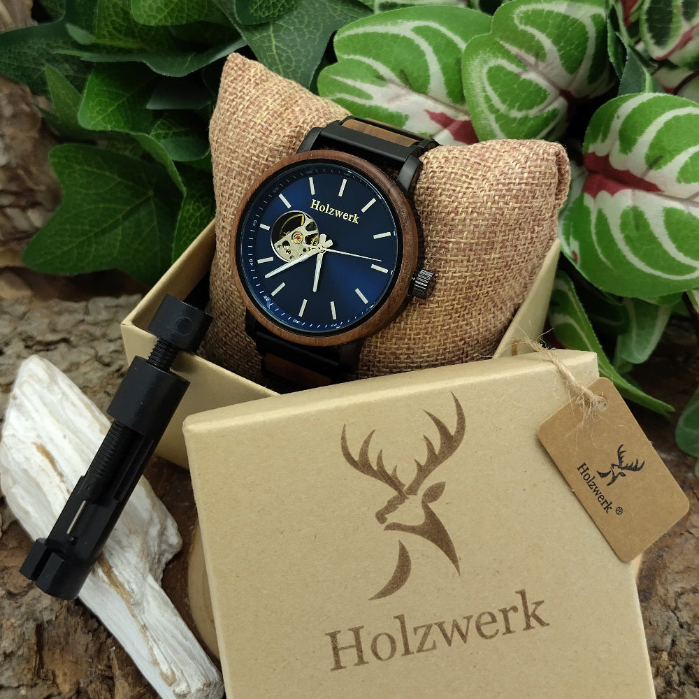 Holzwerk Hombre Mecánico Automático Reloj De Madera Negro Marrón Azul
