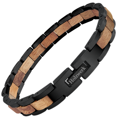 Holzwerk DAMMSEE schwarz-braunes  Holz Armband aus Walnussholz und Edelstahl mit Gliederkonstruktion Frontansicht