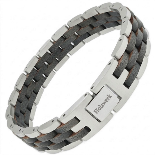Holzwerk EDERSEE silber-graues Holz Armband aus Olivenholz und Edelstahl mit Gliederkonstruktion Schrägansicht