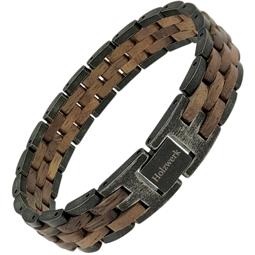 Holzwerk FEDERSEE anthrazit-braunes Holz Armband aus Walnussholz und Edelstahl mit Gliederkonstruktion Schrägansicht