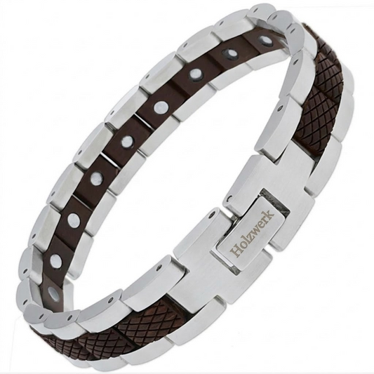 Holzwerk GORINSEE silber-braunes Holz Armband aus Walnussholz und Edelstahl mit Gliederkonstruktion Schrägansicht