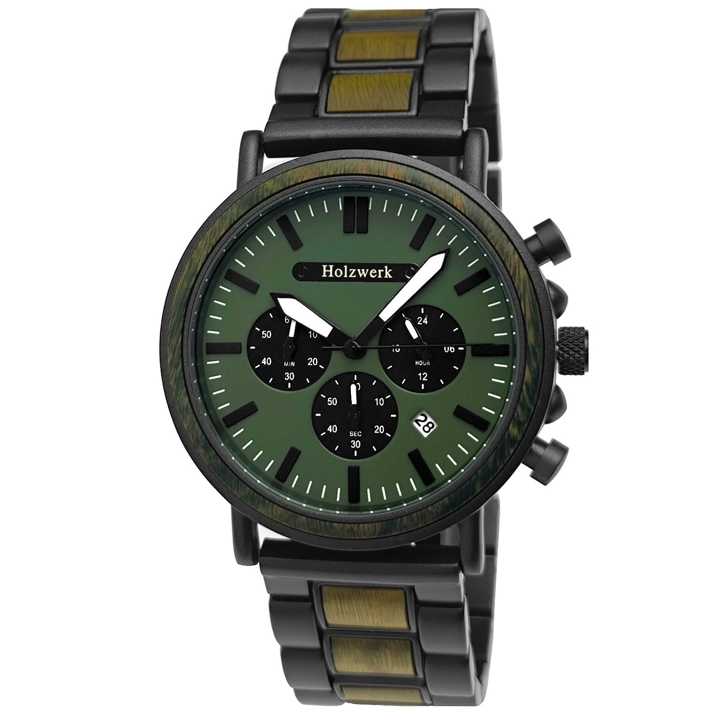 Holzwerk HERSBRUCK Holz Uhr Chronograph mit Datum, Grau, Oliv Gruen, Hauptbild