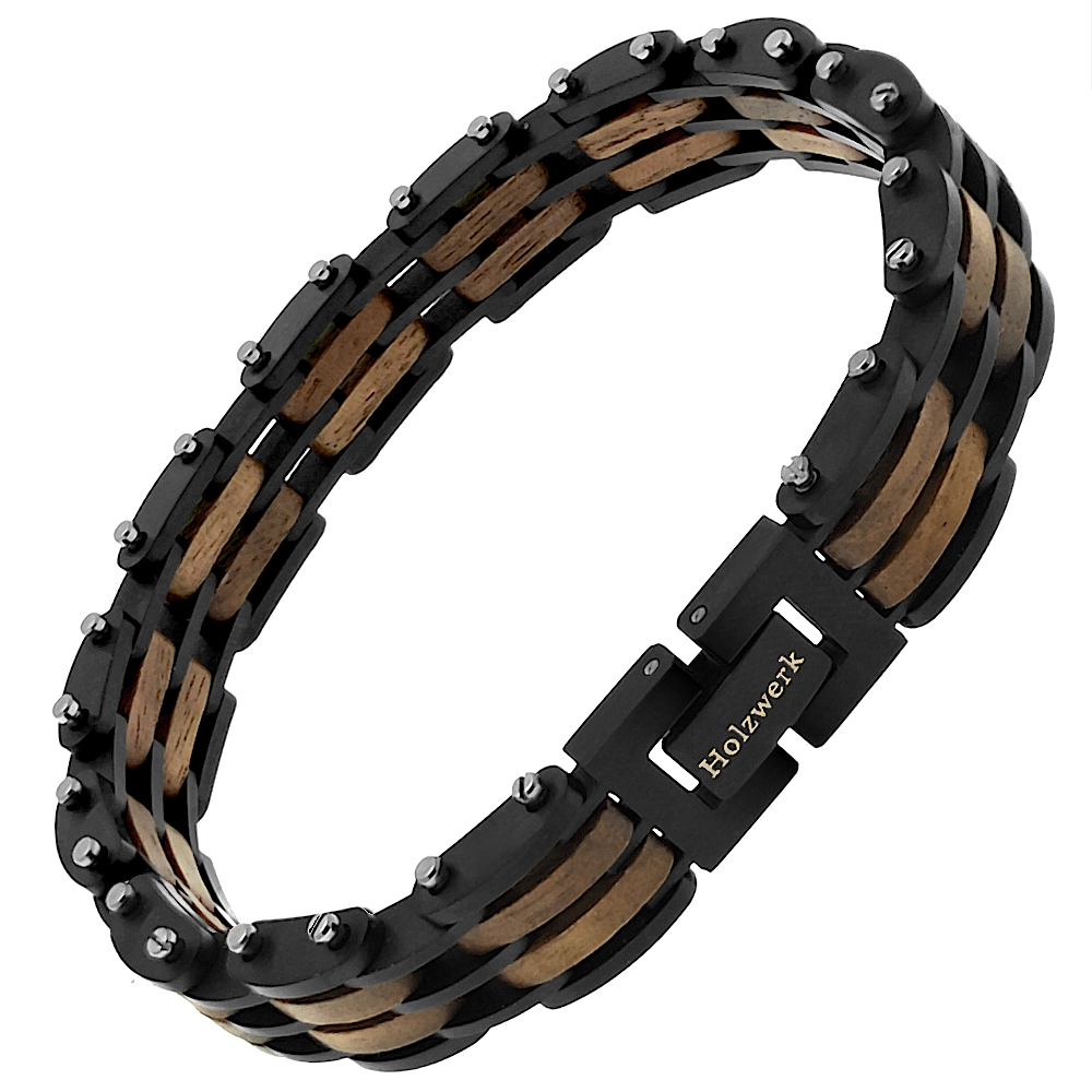 Holzwerk HINTERSEE schwarz-braunes  Holz Armband aus Walnussholz und Edelstahl mit Gliederkonstruktion Schrägansicht