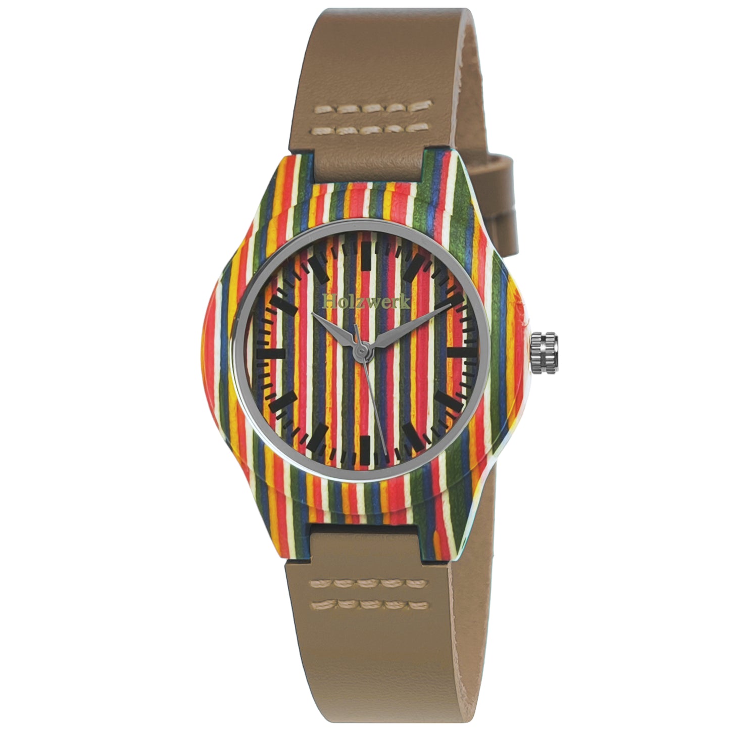 Holzwerk LINZ BROWN bunte kleine Regenbogen Damen und Kinder Armbanduhr, Holz & Leder Armband Uhr, LGBTQ Uhr, modische Holzuhr, braun, Hauptbild