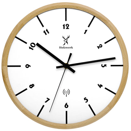 Holzwerk MARBURG Holz Funkwanduhr, moderne Designer Wanduhr, 25 cm Holz Funk Wand Uhr lautlos ohne Tick Geräusche, beige, weiß, schwarz, Hauptbild