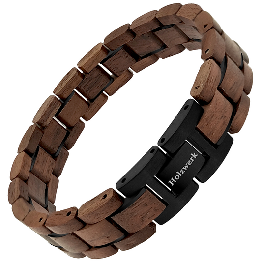 Holzwerk NEBELSEE braun-schwarzes  Holz Armband aus Walnussholz und Edelstahl mit Gliederkonstruktion Schrägansicht