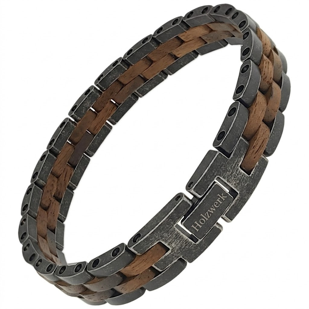 Holzwerk NIERSEE grau-braunes  Holz Armband aus Walnussholz und Edelstahl mit Gliederkonstruktion Schrägansicht