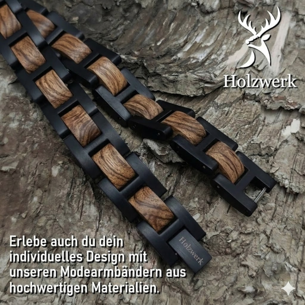 Holzwerk NIERSEE braun-schwarzes Holz Armband aus Zebraholz und Edelstahl, Detailansicht der Gliederkonstruktion
