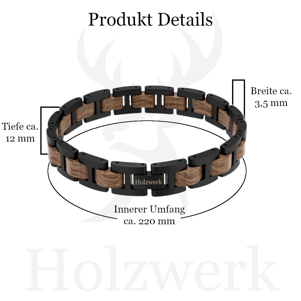 Holzwerk NIERSEE braun-schwarzes Holz Armband aus Zebraholz und Edelstahl mit Gliederkonstruktion mit Maßangaben