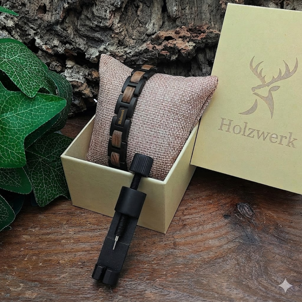 Holzwerk NIERSEE braun-schwarzes Holz Armband aus Zebraholz und Edelstahl mit Gliederkonstruktion in Holzwerk Verpackung