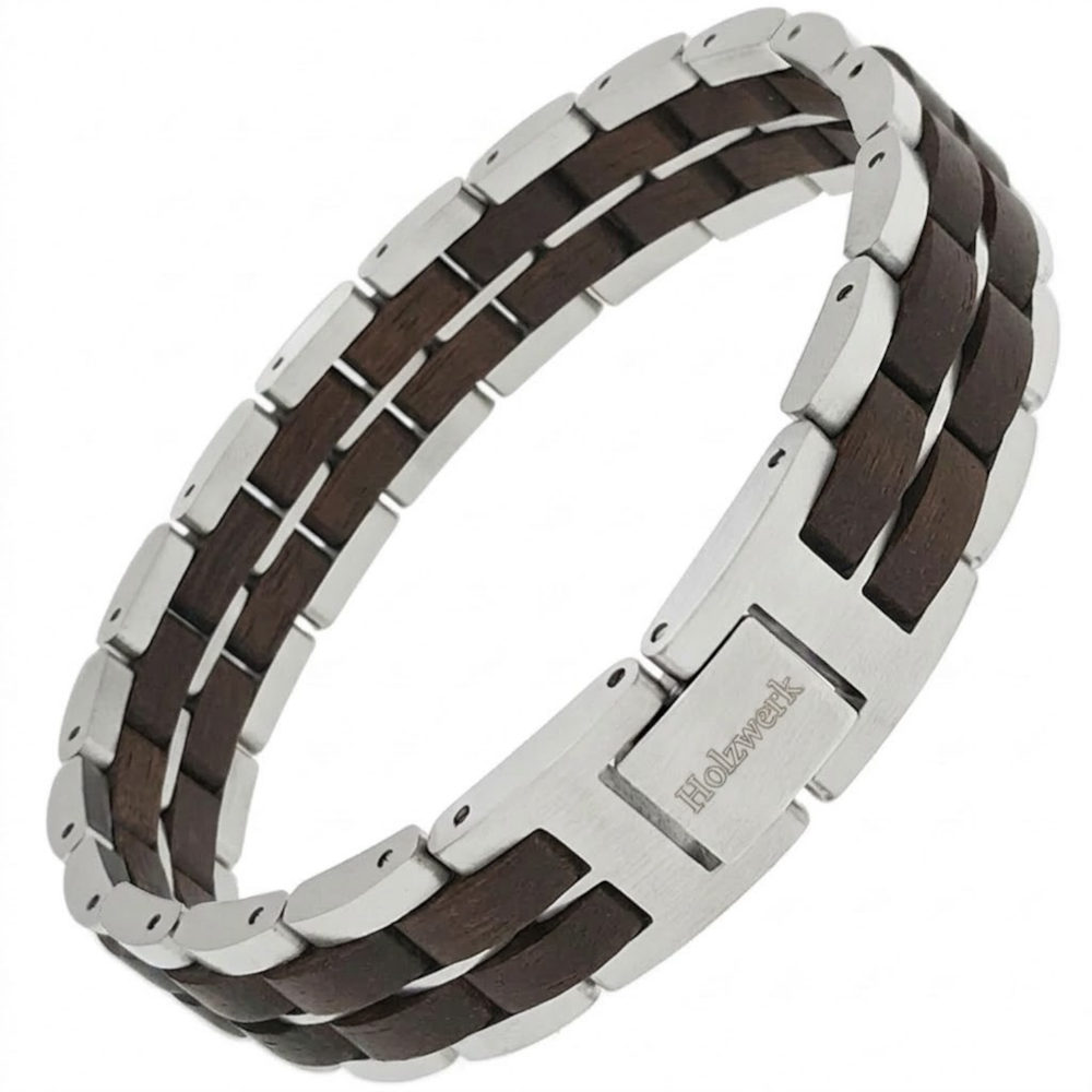 Holzwerk ORTHSEE silber-braunes  Holz Armband aus Walnussholz und Edelstahl mit Gliederkonstruktion Schrägansicht