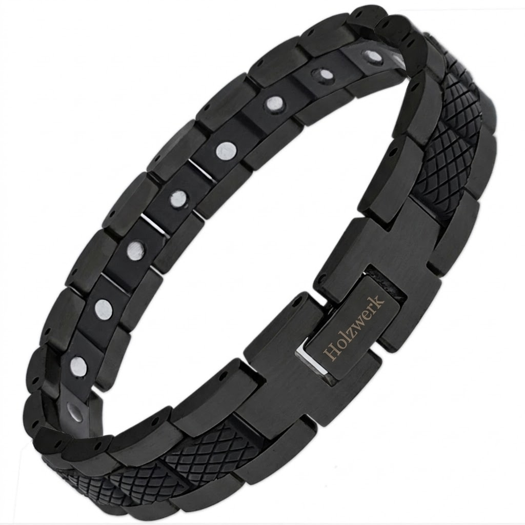 Holzwerk PARKSEE schwarzes Holz Armband aus Ebonyholz und Edelstahl mit Gliederkonstruktion Schrägansicht