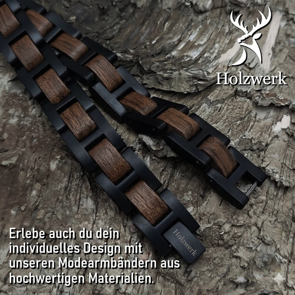 Holzwerk THUMSEE schwarz-braunes Holz Armband aus Walnussholz und Edelstahl, Detailansicht der Gliederkonstruktion
