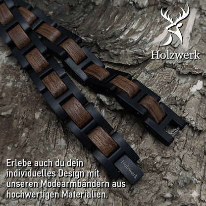 Holzwerk THUMSEE schwarz-braunes Holz Armband aus Walnussholz und Edelstahl, Detailansicht der Gliederkonstruktion