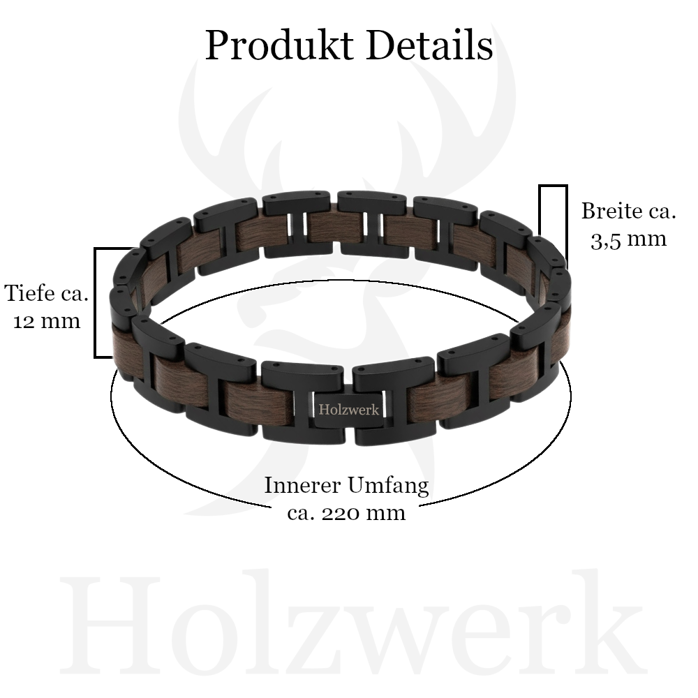 Holzwerk THUMSEE schwarz-braunes Holz Armband aus Walnussholz und Edelstahl mit Maßangaben
