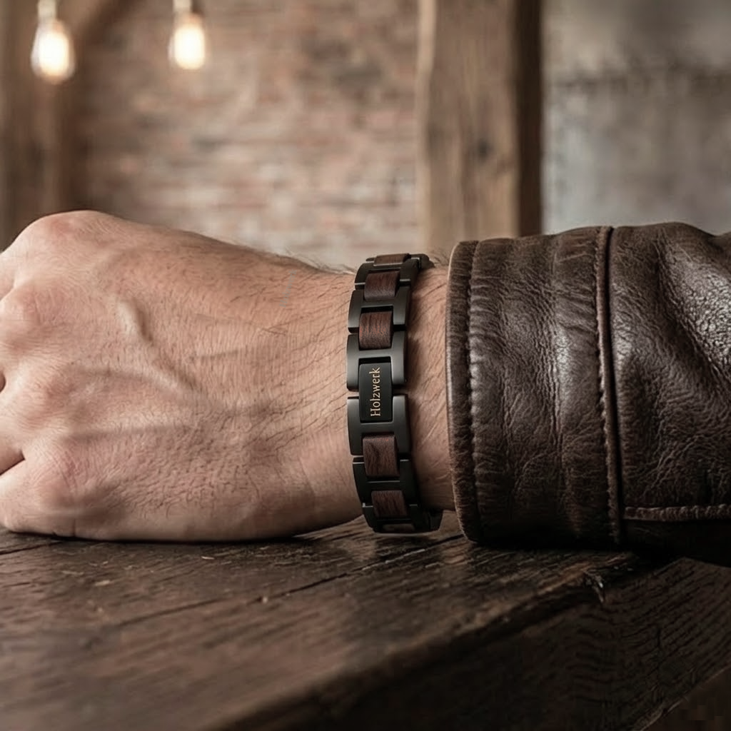 Holzwerk THUMSEE schwarz-braunes Holz Armband aus Walnussholz und Edelstahl am Handgelenk getragen