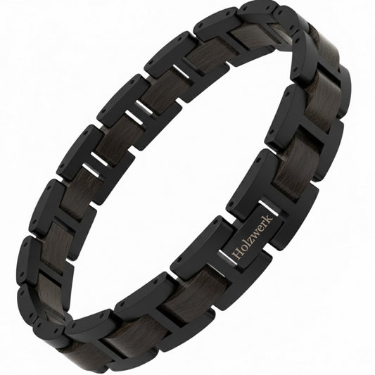 Holzwerk UNTERSEE schwarzes  Holz Armband aus Ebonyholz und Edelstahl mit Gliederkonstruktion Frontansicht