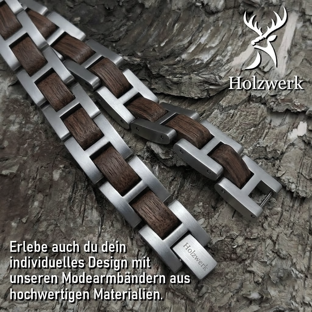Holzwerk WERLSEE silber & braunes Holz Armband aus Walnussholz und Edelstahl, Detailansicht der Gliederkonstruktion
