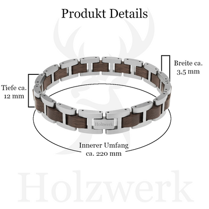 Holzwerk WERLSEE silber & braunes Holz Armband aus Walnussholz und Edelstahl mit Maßangaben