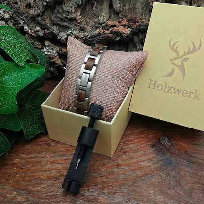 Holzwerk WERLSEE silber & braunes Holz Armband aus Walnussholz und Edelstahl in Holzwerk Verpackung