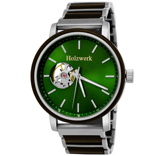 Holzwerk reloj mecánico automático de madera para hombre plata marrón verde