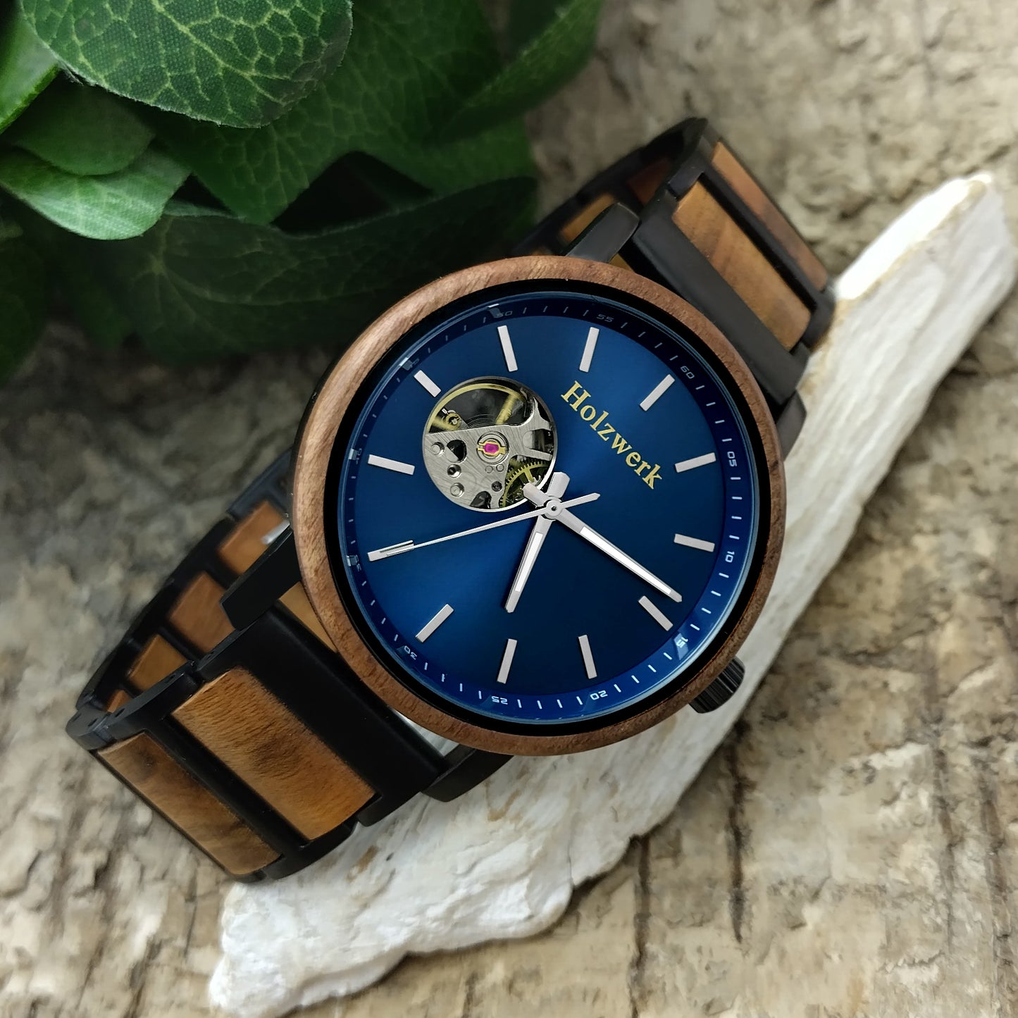 Holzwerk Hombre Mecánico Automático Reloj De Madera Negro Marrón Azul