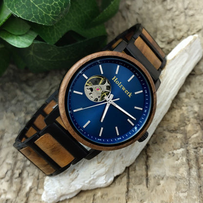 Holzwerk Hombre Mecánico Automático Reloj De Madera Negro Marrón Azul