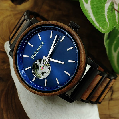 Holzwerk Hombre Mecánico Automático Reloj De Madera Negro Marrón Azul