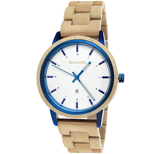 Holzwerk Damen & Herren Holzuhr Holz Armbanduhr Beige Weiß Blau - Holzwerk 