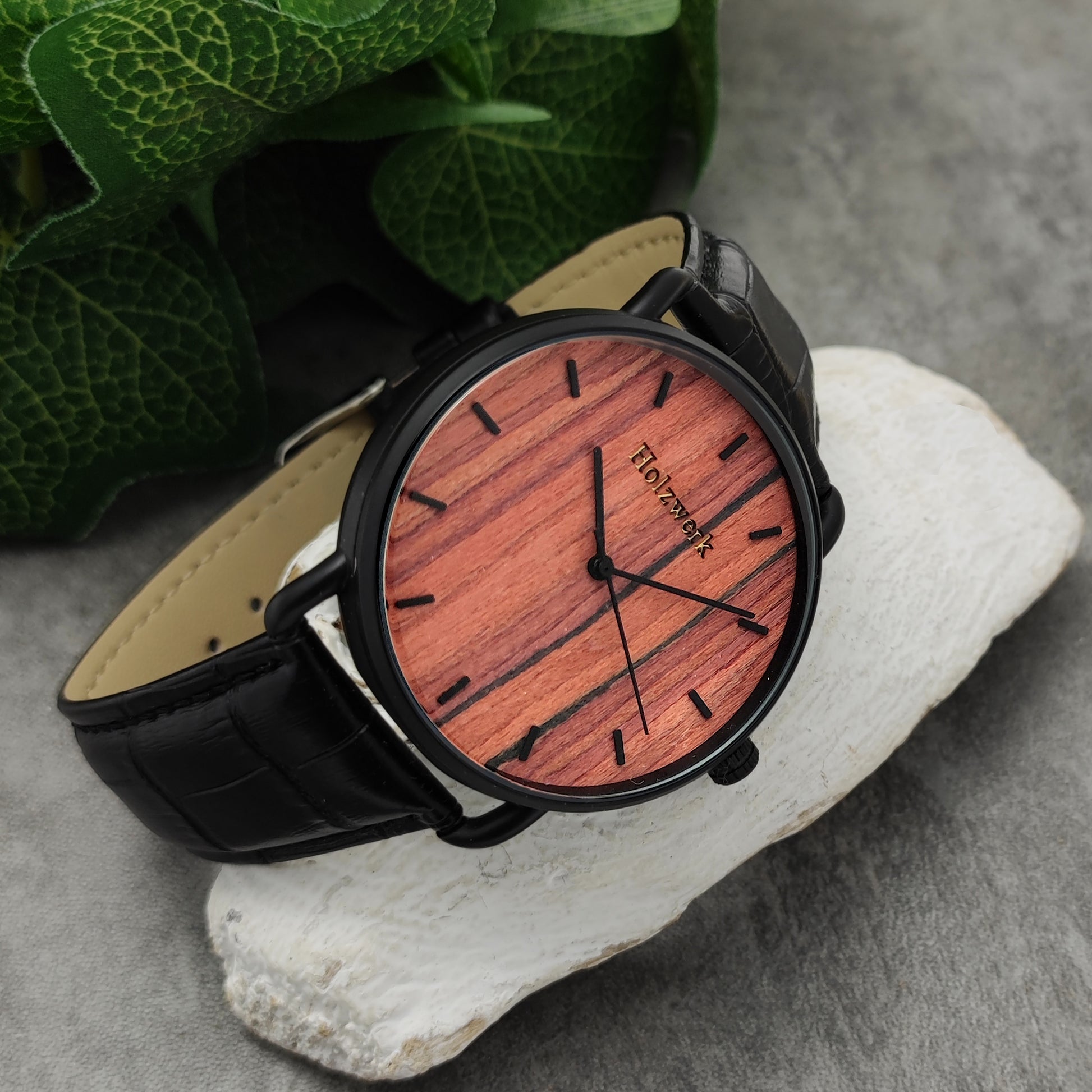 Holzwerk Damen & Herren Datum Holzuhr Leder Armbanduhr Schwarz Braun