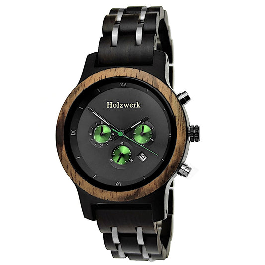 Holzwerk Damen & Herren Chronograph Datum Holzuhr Schwarz Grün Silber - Holzwerk 