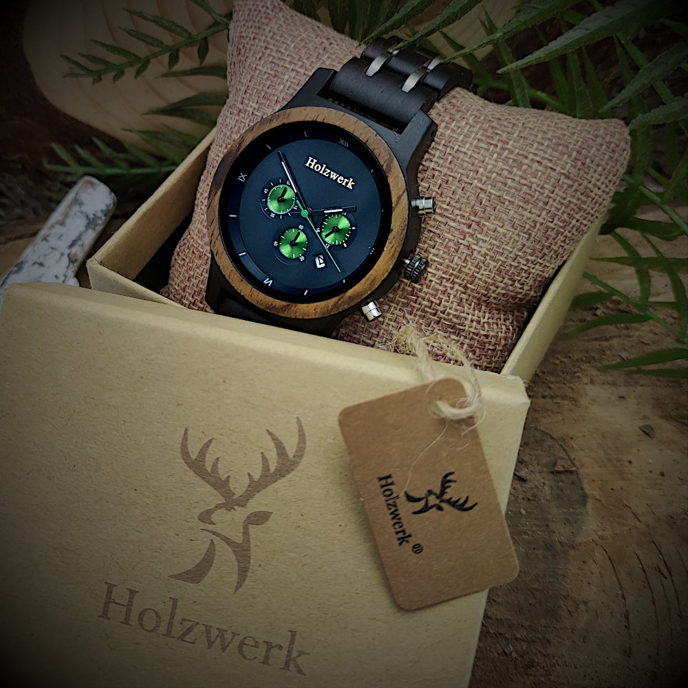 Holzwerk Damen & Herren Chronograph Datum Holzuhr Schwarz Grün Silber - Holzwerk 