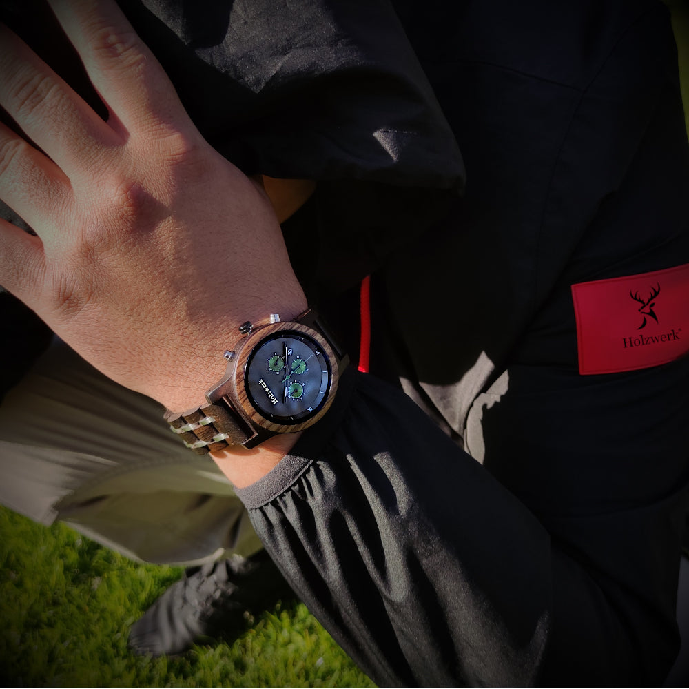 Holzwerk Damen & Herren Chronograph Datum Holzuhr Schwarz Grün Silber - Holzwerk 