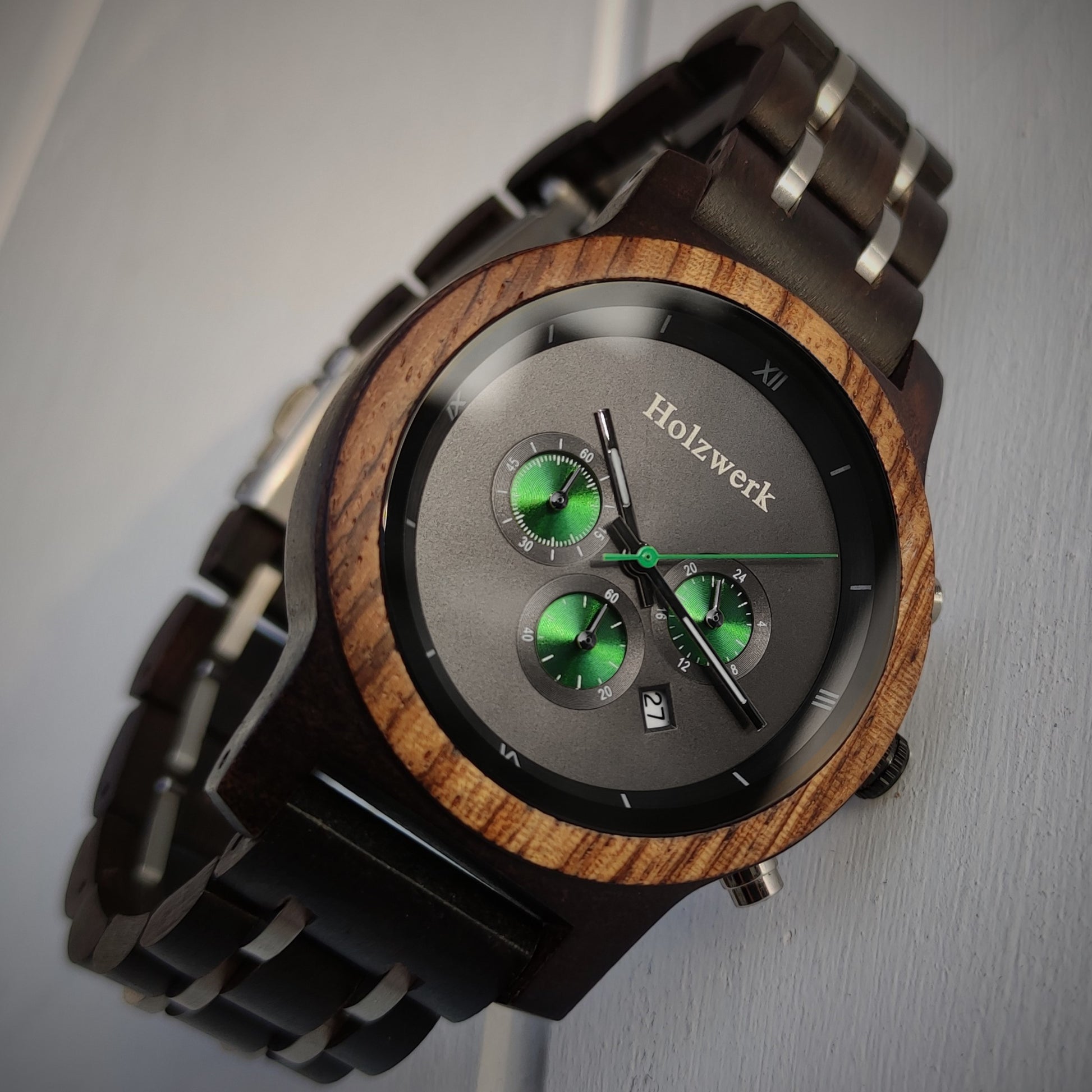 Holzwerk Damen & Herren Chronograph Datum Holzuhr Schwarz Grün Silber - Holzwerk 