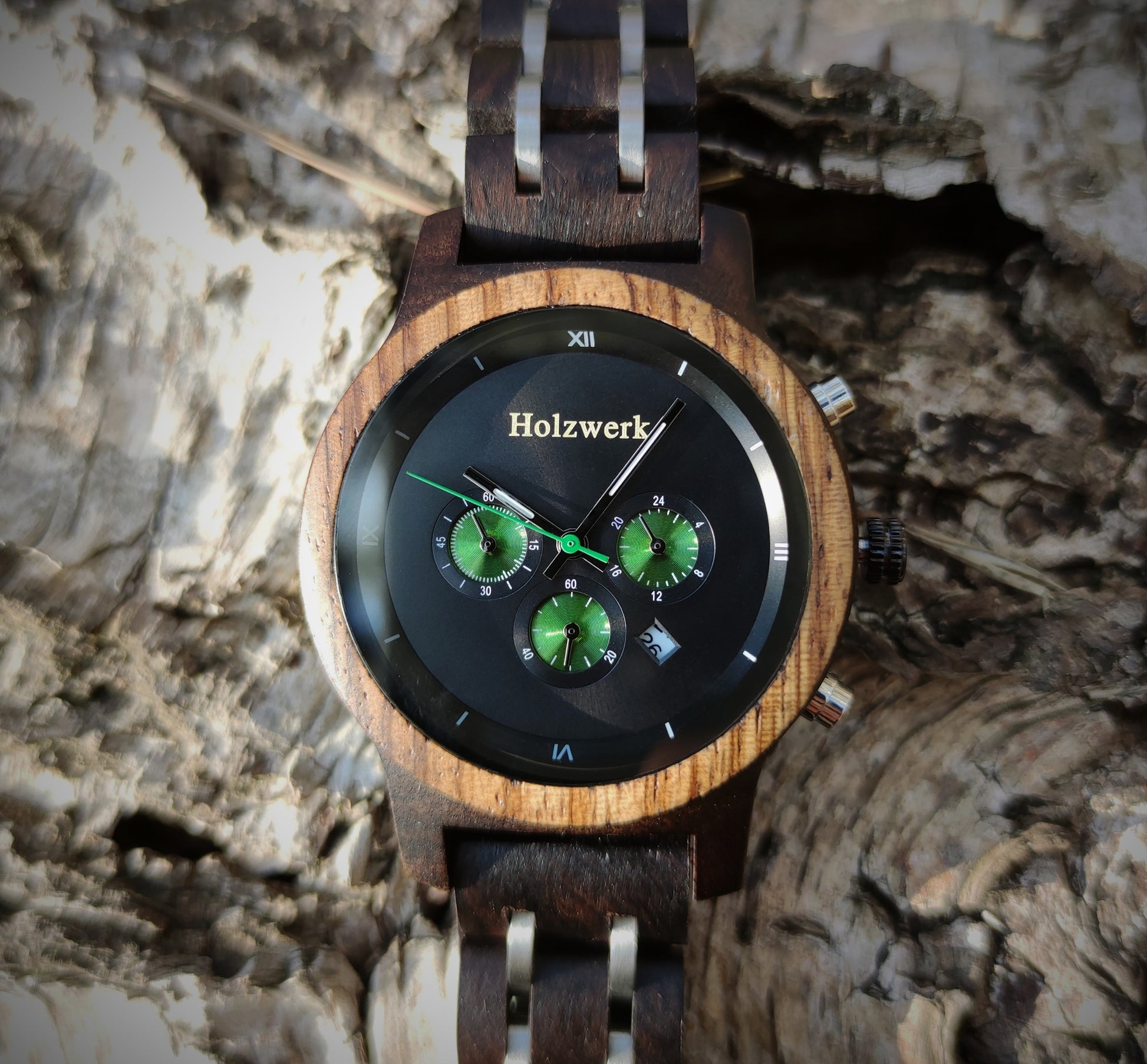Holzwerk Damen & Herren Chronograph Datum Holzuhr Schwarz Grün Silber - Holzwerk 