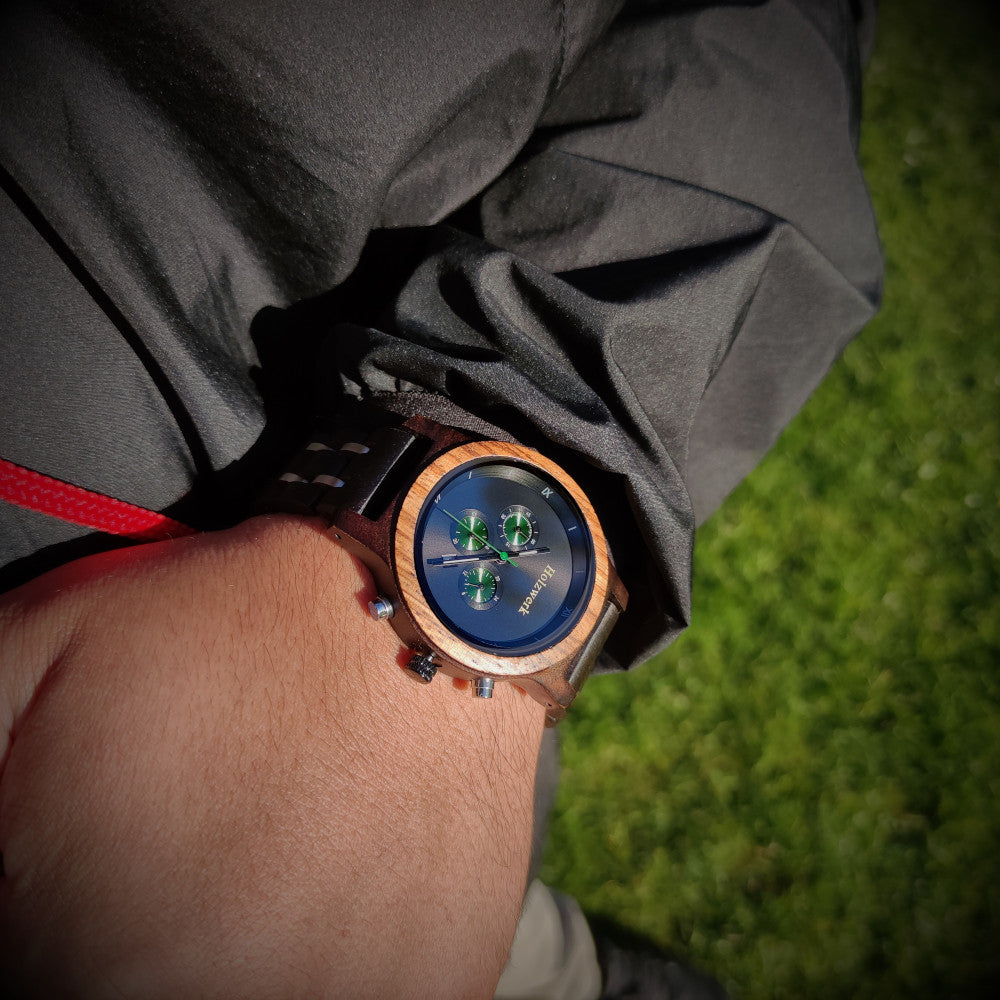 Holzwerk Damen & Herren Chronograph Datum Holzuhr Schwarz Grün Silber - Holzwerk 
