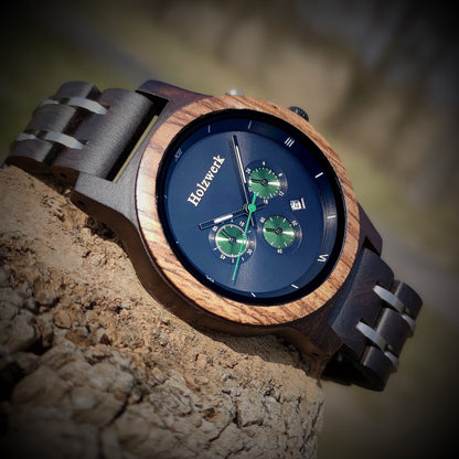 Holzwerk Damen & Herren Chronograph Datum Holzuhr Schwarz Grün Silber - Holzwerk 