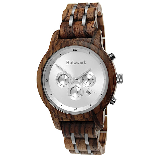 Holzwerk Damen & Herren Chronograph Datum Holzuhr Holz Uhr Braun Silber - Holzwerk 