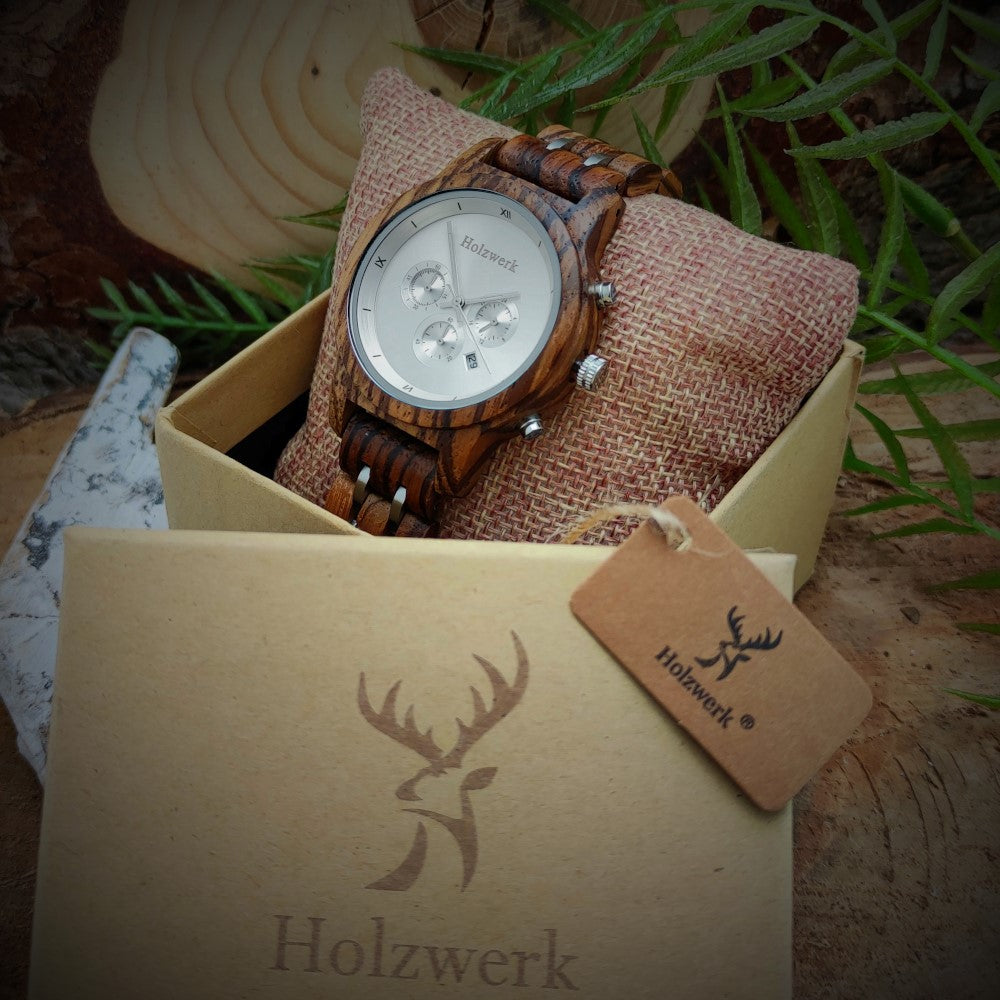 Holzwerk Damen & Herren Chronograph Datum Holzuhr Holz Uhr Braun Silber - Holzwerk 