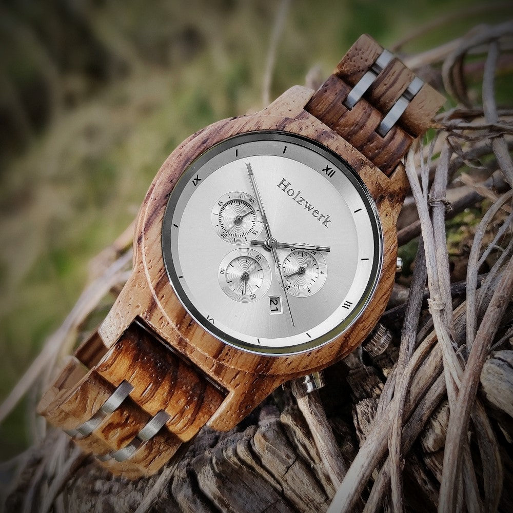 Holzwerk Damen & Herren Chronograph Datum Holzuhr Holz Uhr Braun Silber - Holzwerk 
