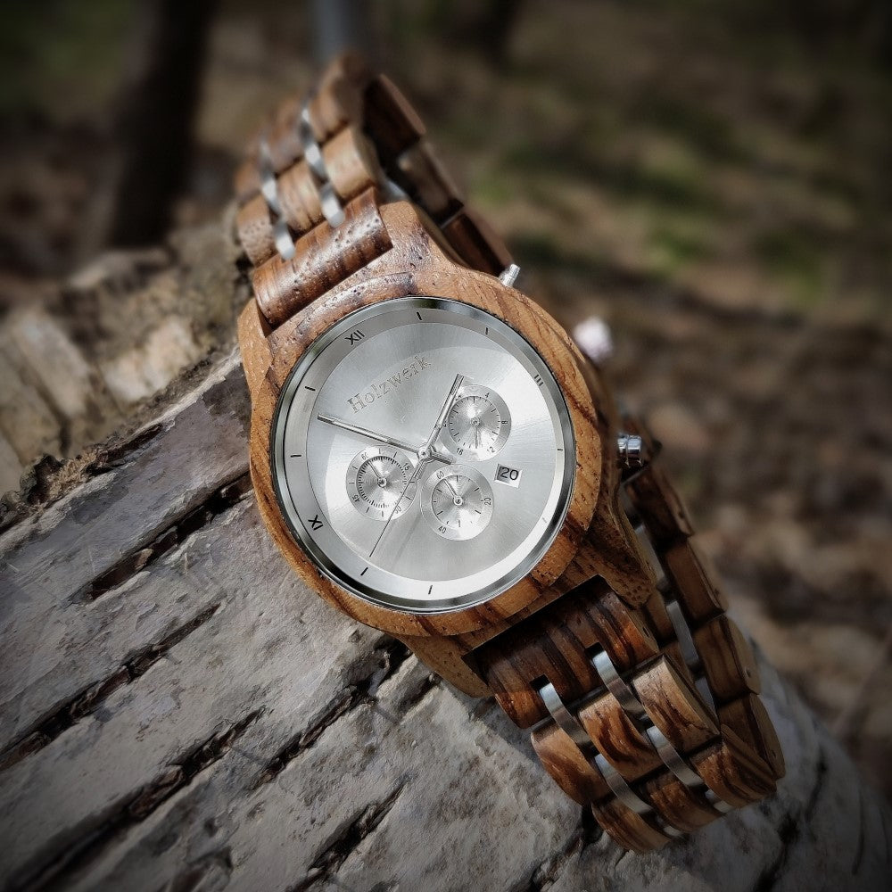 Holzwerk Damen & Herren Chronograph Datum Holzuhr Holz Uhr Braun Silber - Holzwerk 